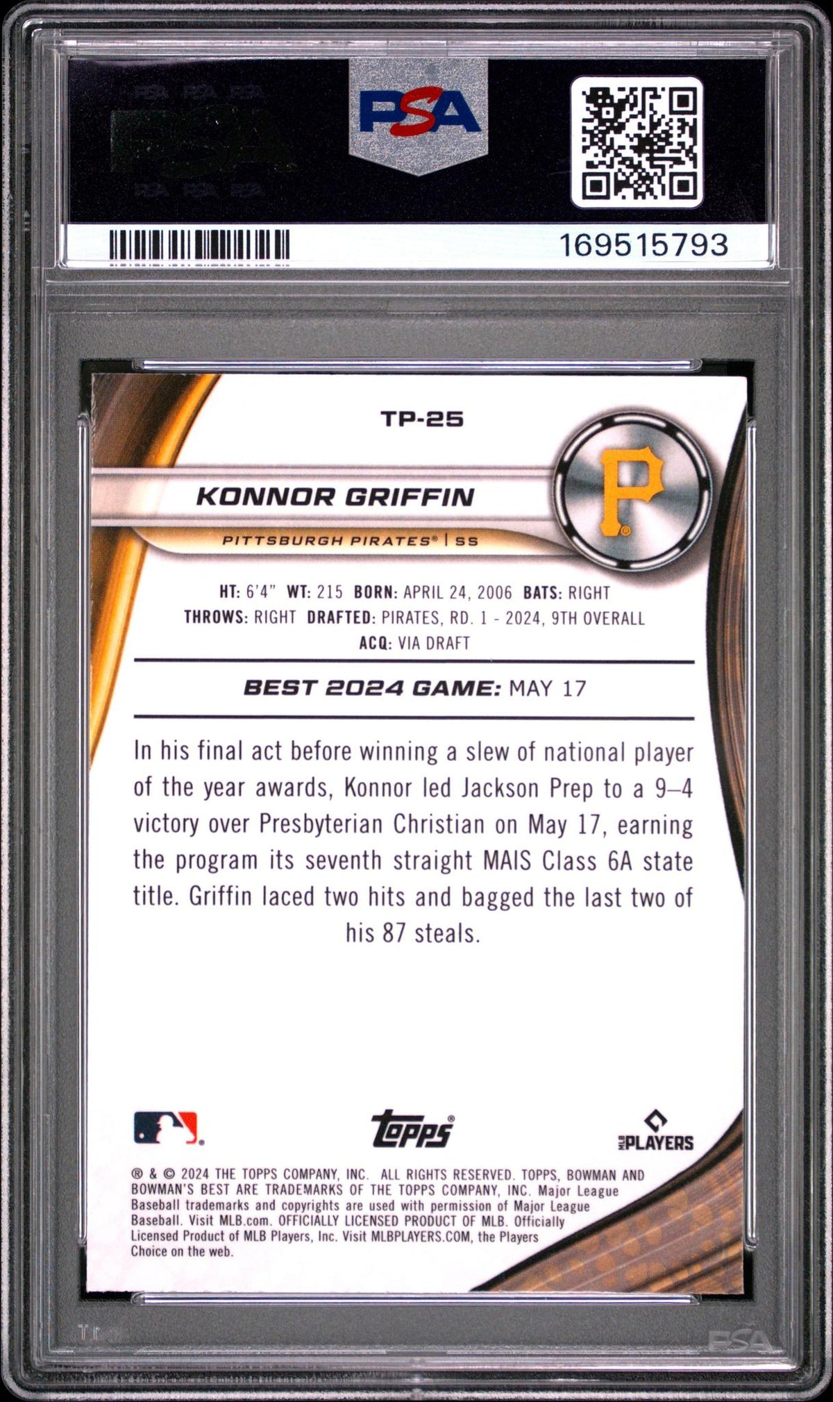 2024 BOWMAN'S BEST TOP PROSPECTS TP25 KONNOR GRIFFIN BLUE REFRACTOR PSA 10