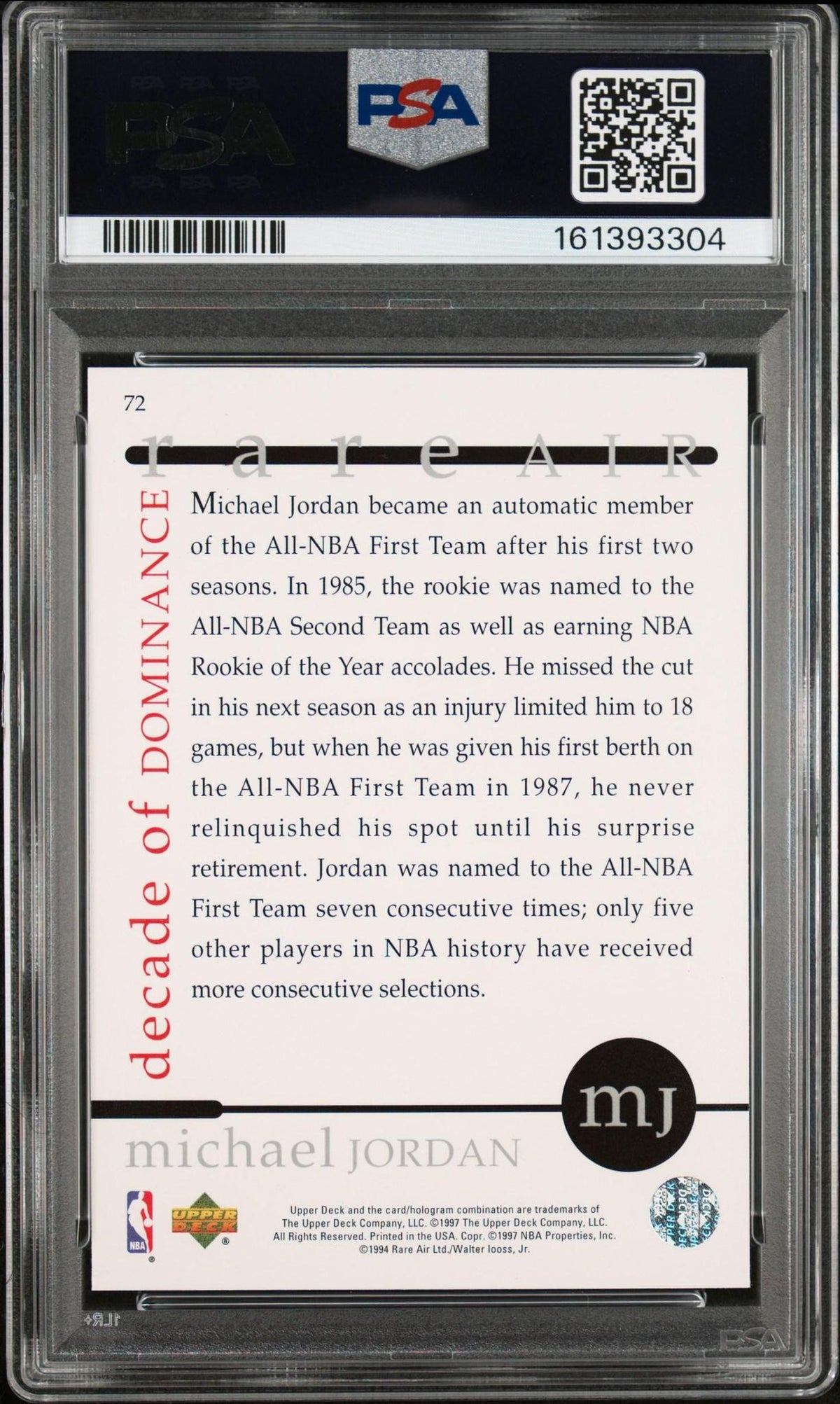 1997 UPPER DECK MJ RARE AIR 72 MICHAEL JORDAN