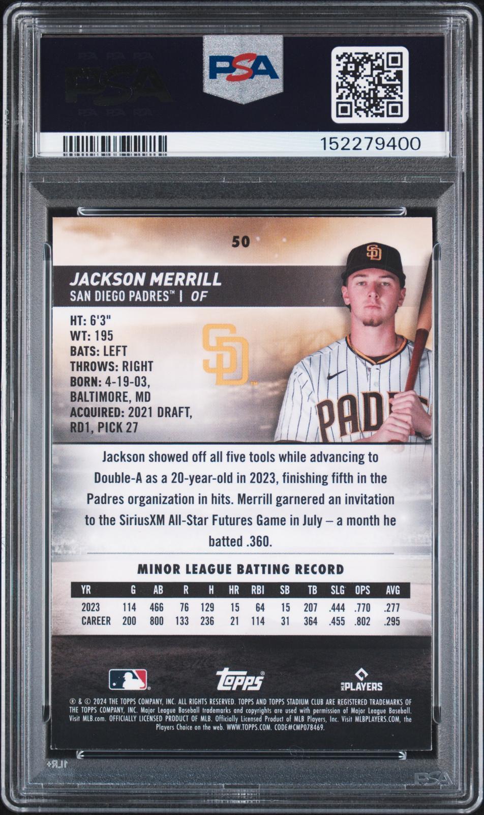 2024 Topps Stadium Club #50 Jackson Merrill Chrome PSA Authentic