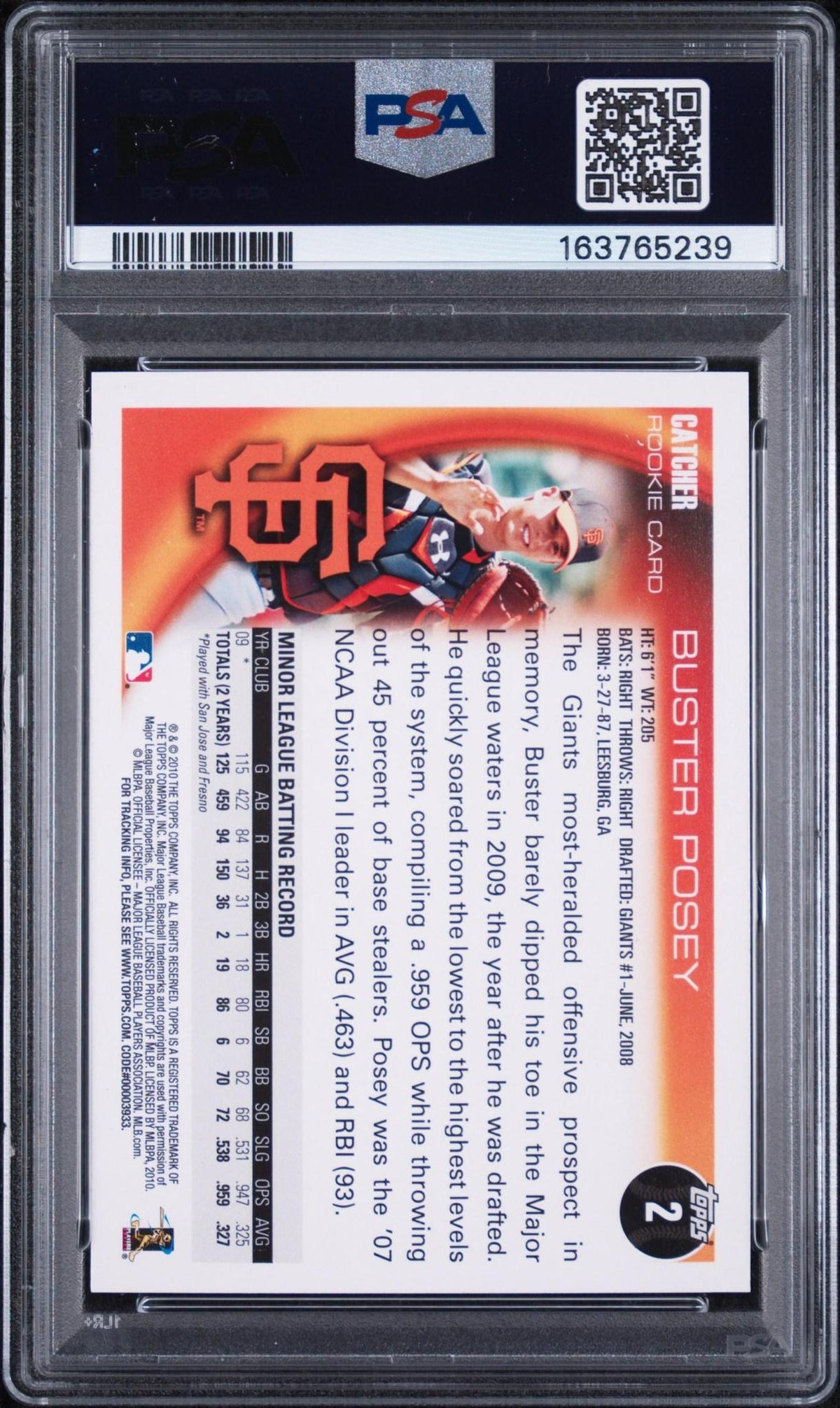 2010 TOPPS 2 BUSTER POSEY PSA 10