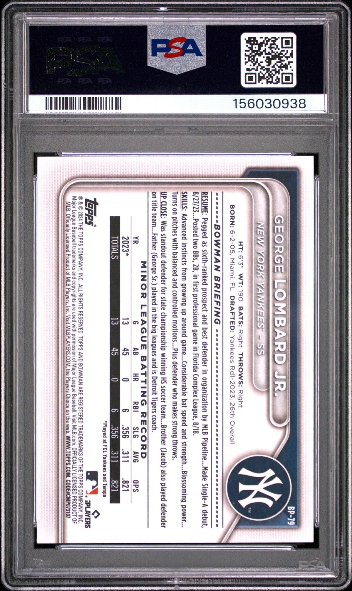 2024 Bowman Paper Prospects BP79 George Lombard Jr. PSA 10