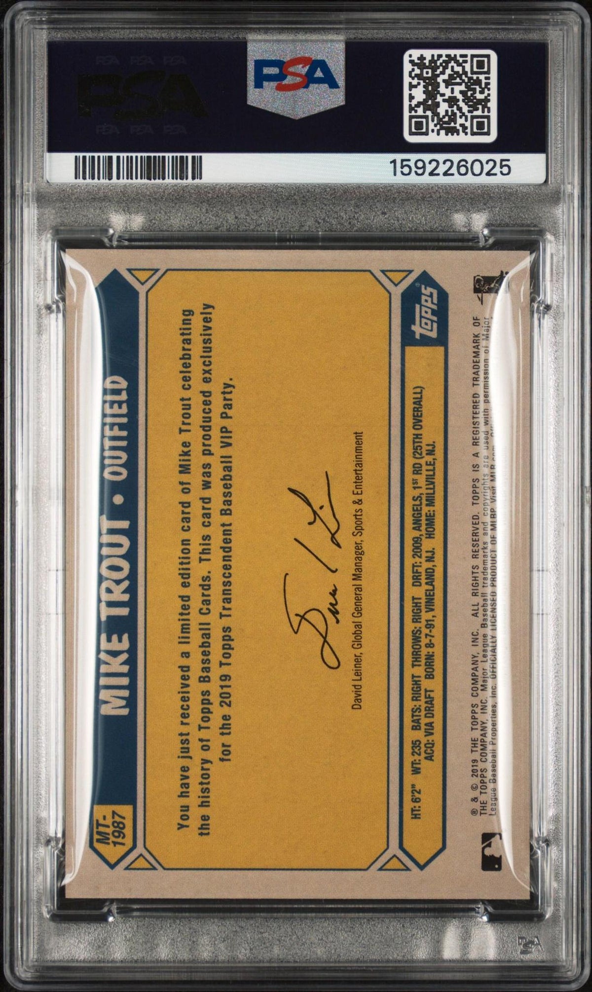 2019 TOPPS TRANSCENDENT VIP PARTY MIKE TROUT THROUGH THE YEARS 1987 MIKE TROUT PSA 10