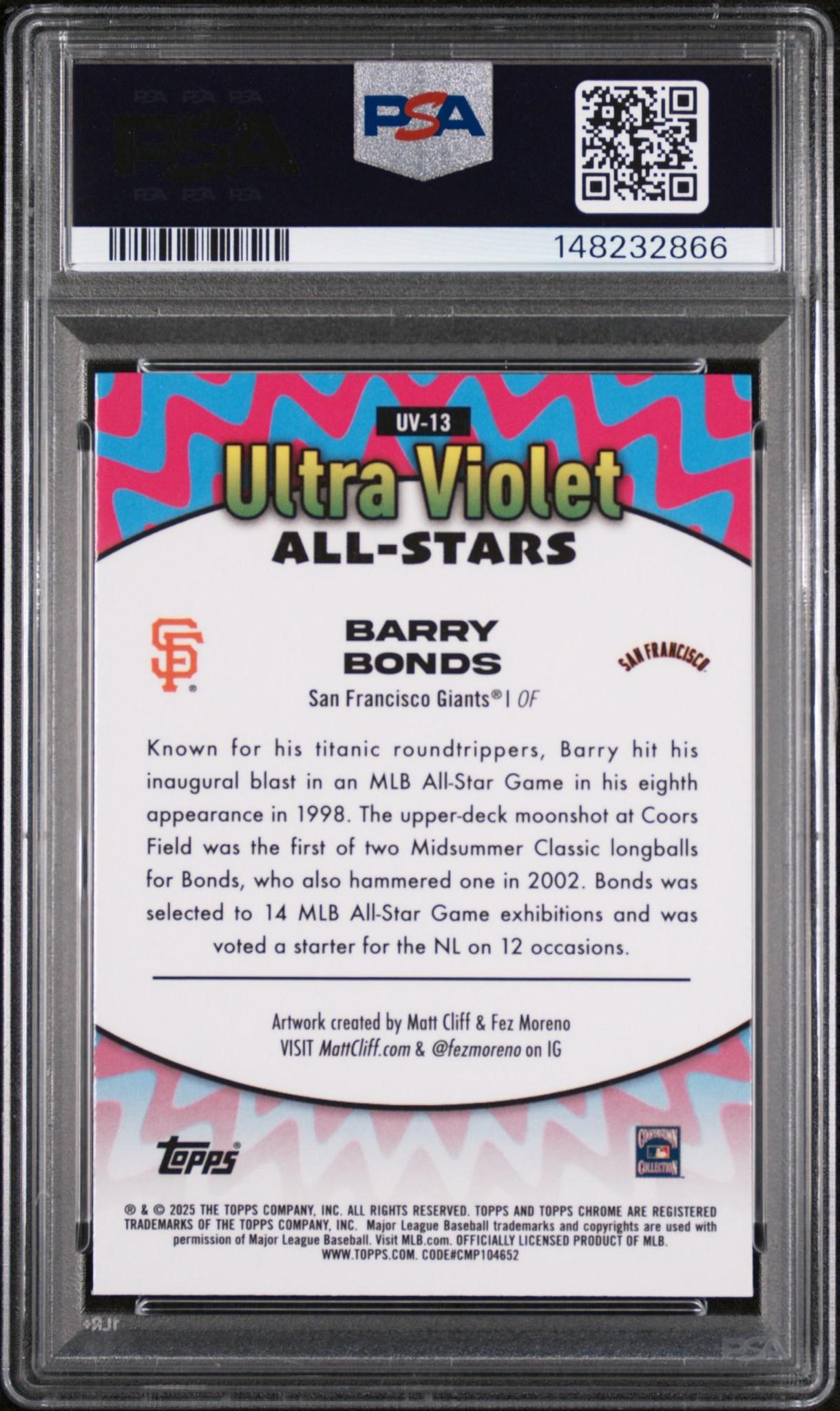 2025 TOPPS CHROME ULTRA VIOLET ALL STARS UV13 BARRY BONDS PSA 10