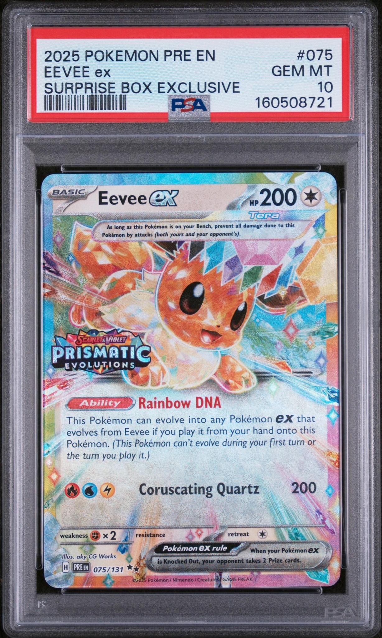 2025 POKEMON PRE EN-PRISMATIC EVOLUTIONS 075 EEVEE EX SURPRISE BOX EXCLUSIVE PSA 10