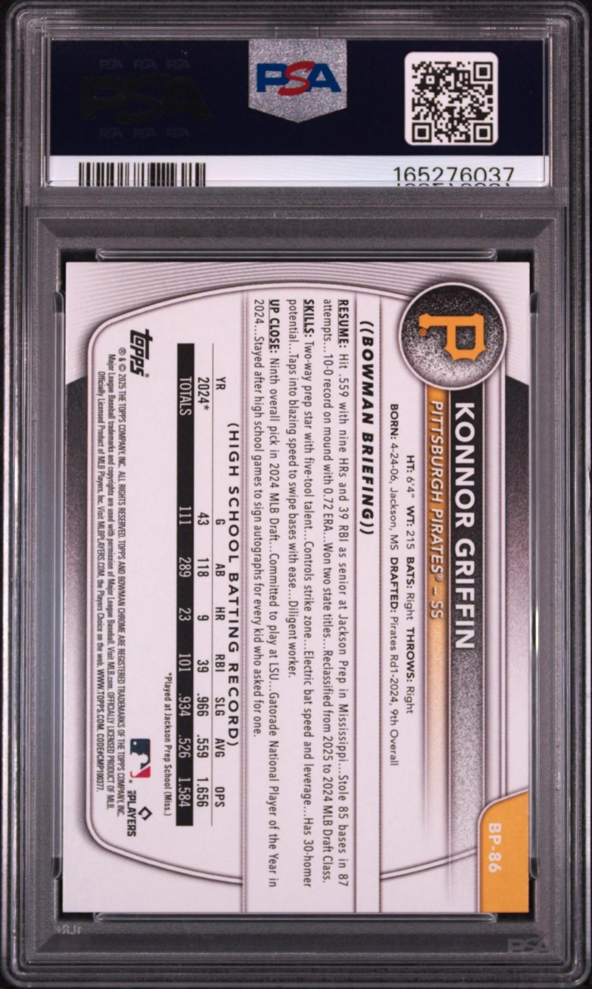 2025 BOWMAN PAPER PROSPECTS BP86 KONNOR GRIFFIN PSA 10