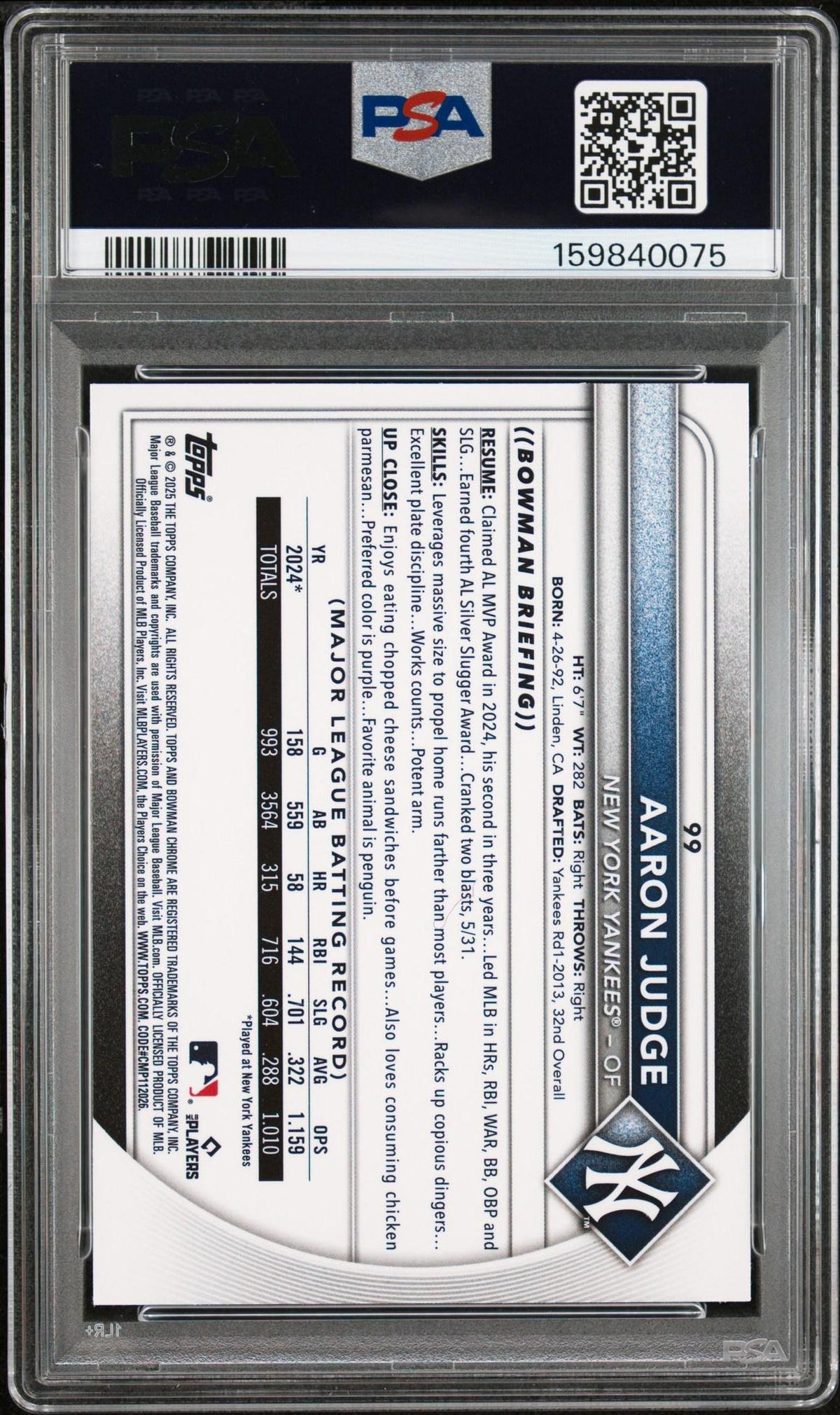 2025 BOWMAN CHROME SAPPHIRE EDITION 99 AARON JUDGE PSA 10
