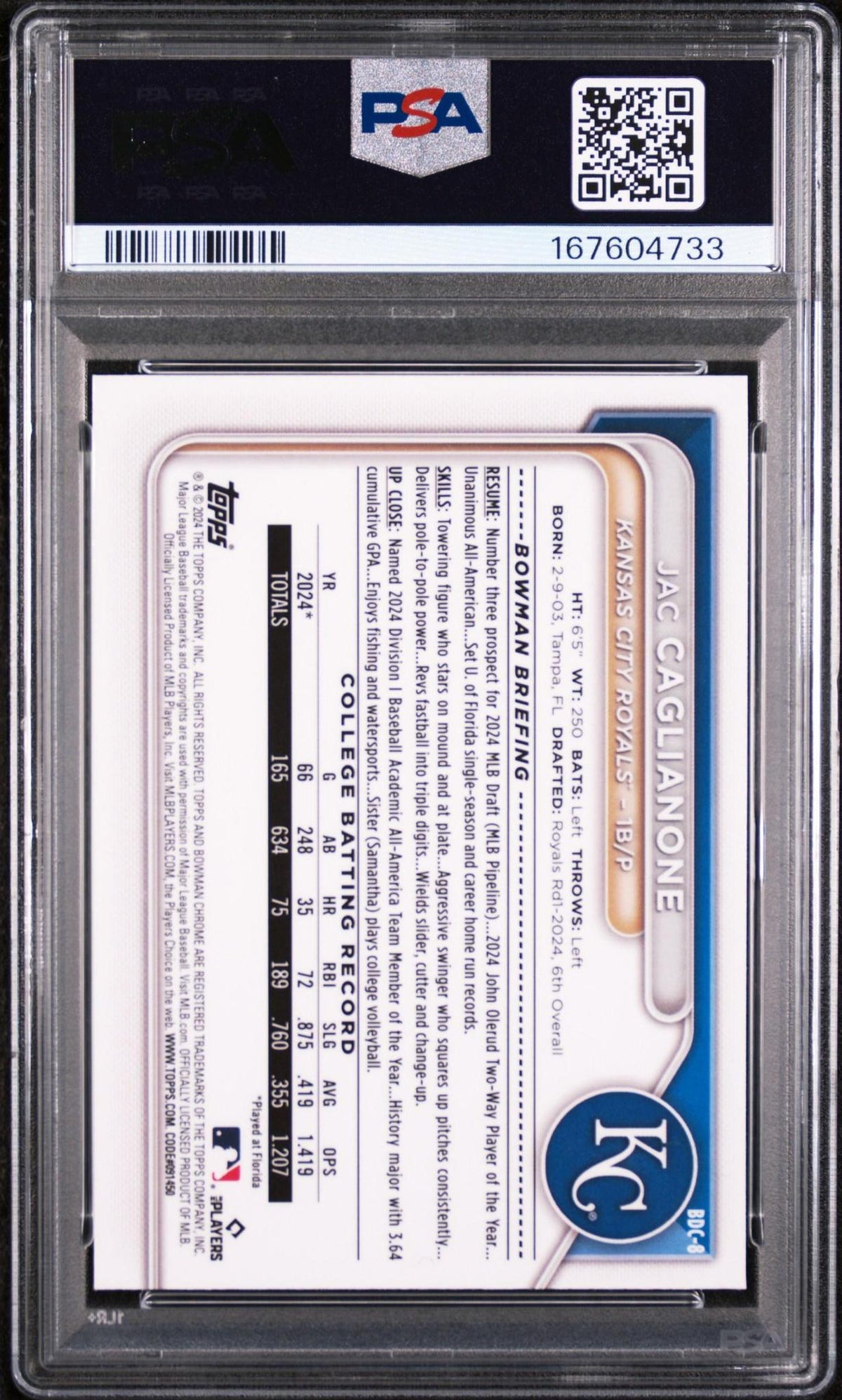 2024 Bowman Draft BDC8 Jac Caglianone Chrome PSA 10