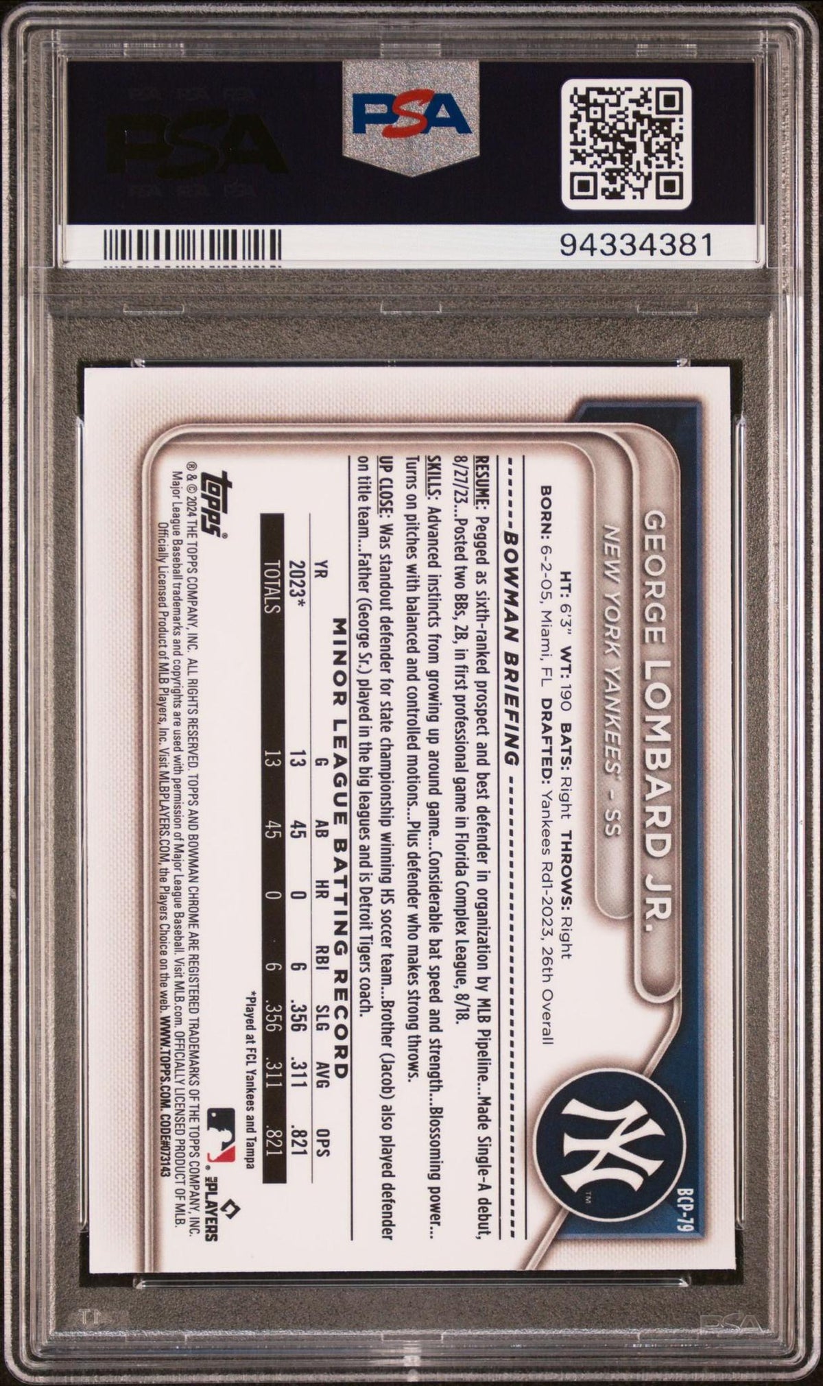 2024 BOWMAN CHROME PROSPECTS BCP79 GEORGE LOMBARD JR. PSA 10