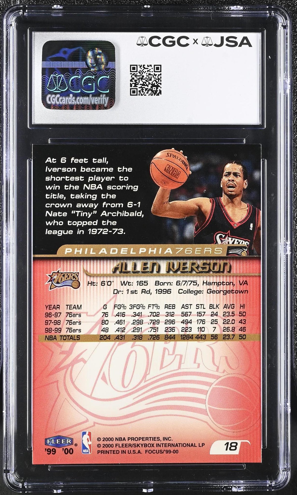 1999-00 Fleer Focus #18 Allen Iverson Authentic Auto CGC x JSA