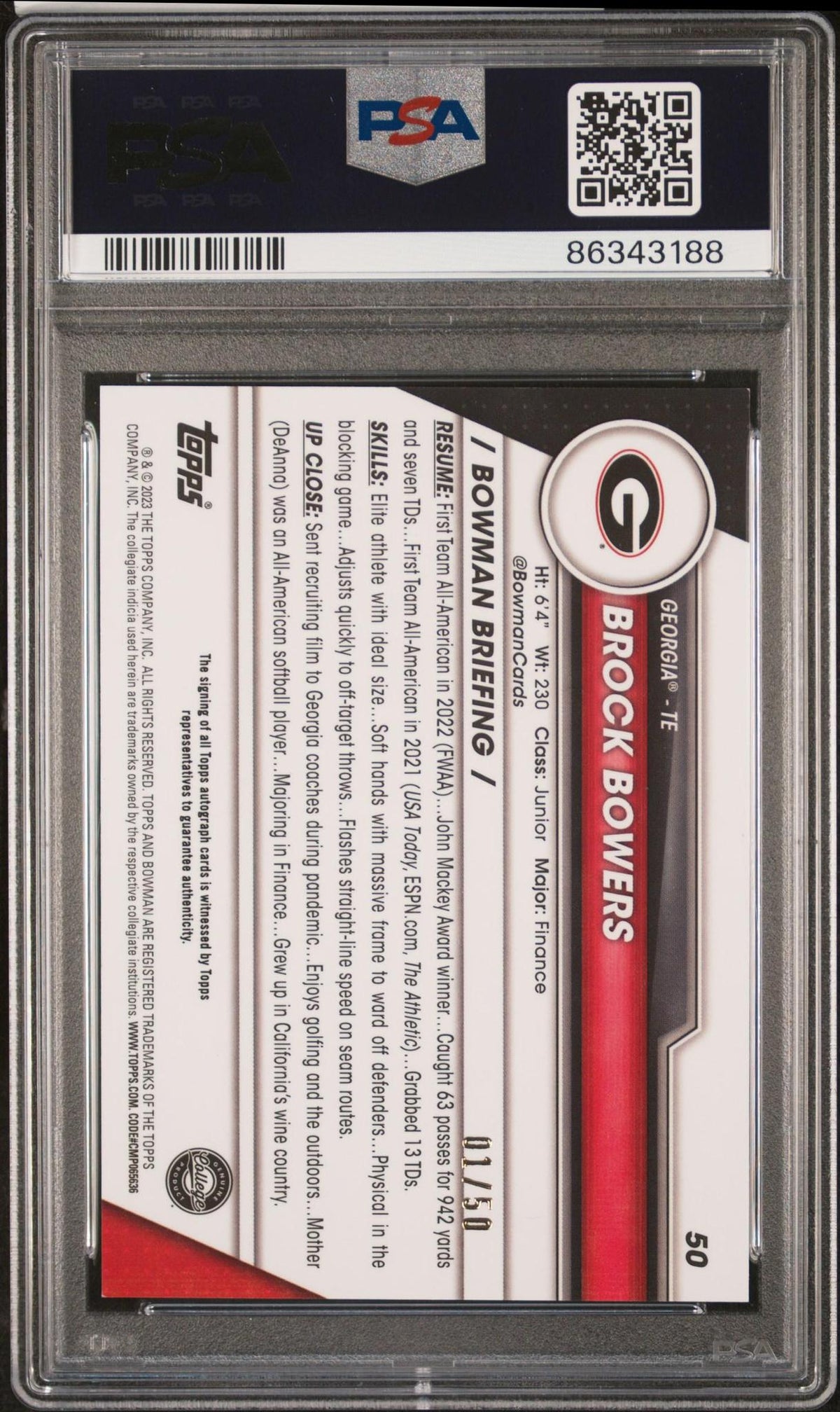 2023 Bowman University Chrome #50 Brock Bowers Autograph-Gold Refractor PSA 10