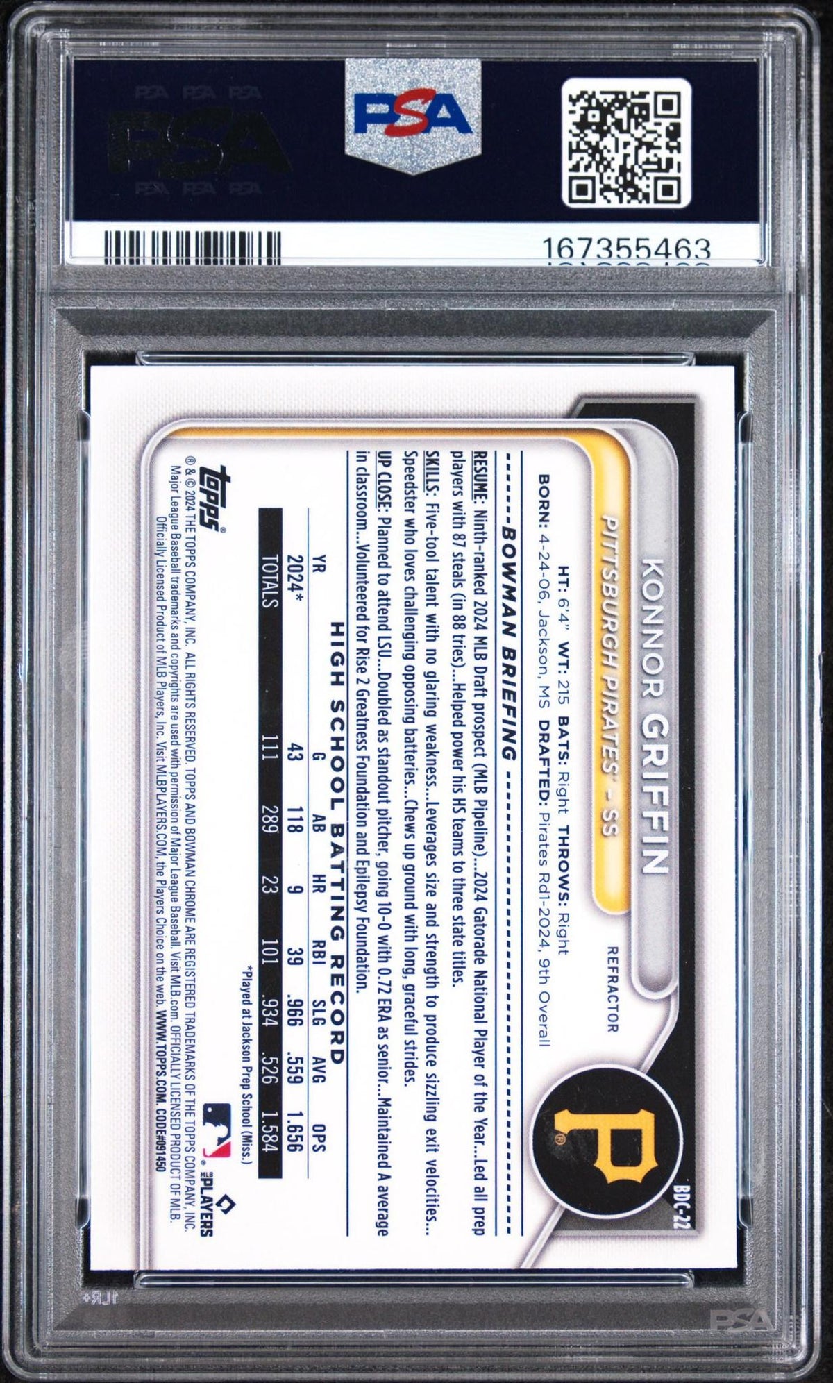 2024 BOWMAN DRAFT BDC22 KONNOR GRIFFIN CHROME-REFRACTOR PSA 10