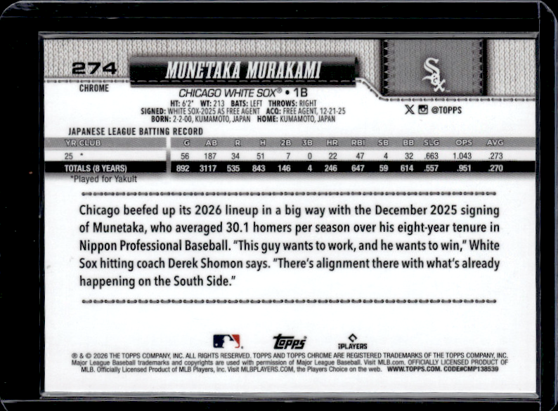2026 Topps Chrome #274 Munetaka Murakami Blue Raywave Refractors #/150