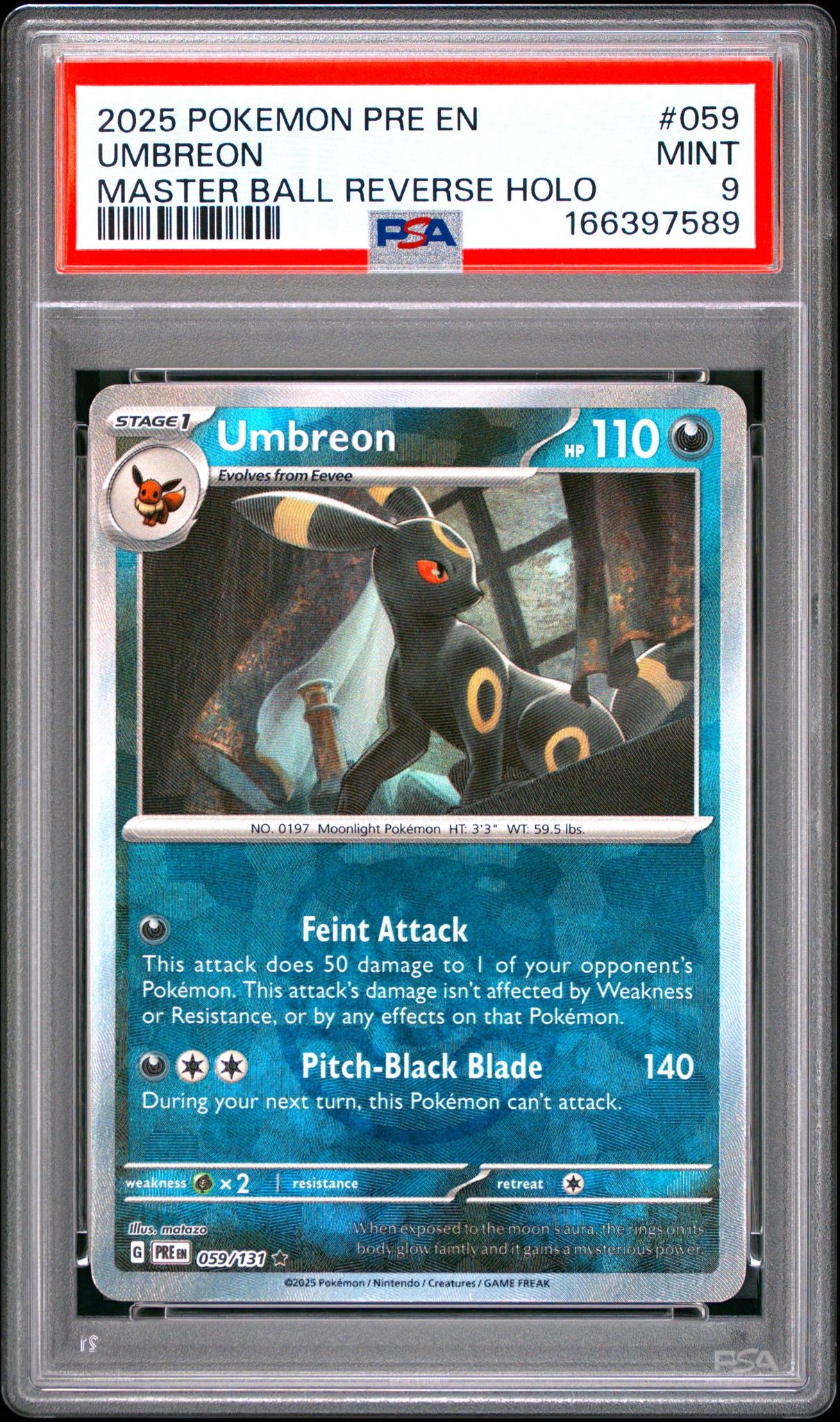 2025 POKEMON PRE EN-PRISMATIC EVOLUTIONS 059 UMBREON MASTER BALL REVERSE HOLO PSA 9