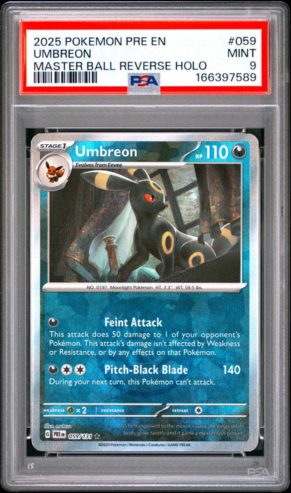 2025 POKEMON PRE EN-PRISMATIC EVOLUTIONS 059 UMBREON MASTER BALL REVERSE HOLO PSA 9