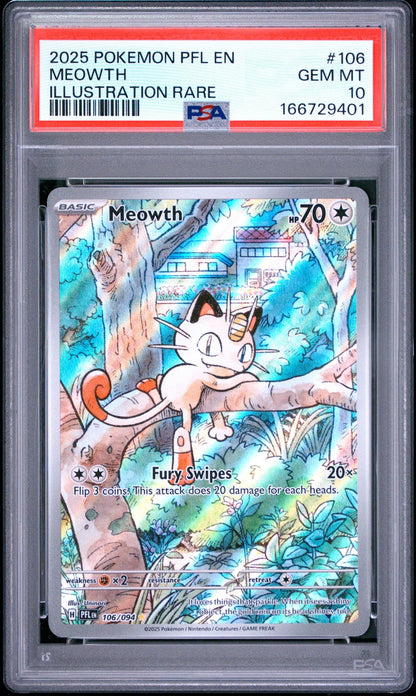 2025 Pokemon Pfl En-phantasmal Flames 106 Meowth Illustration Rare PSA 10