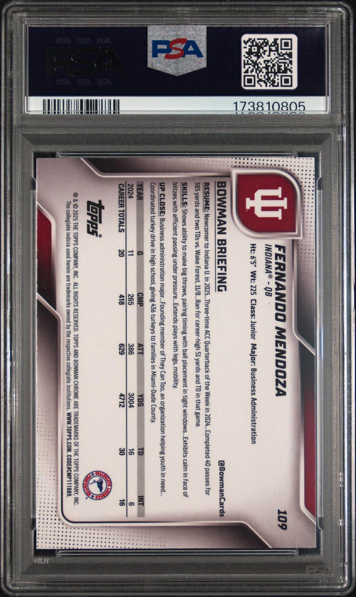 2025 BOWMAN UNIVERSITY CHROME 109 FERNANDO MENDOZA TEAL LAVA PSA 10