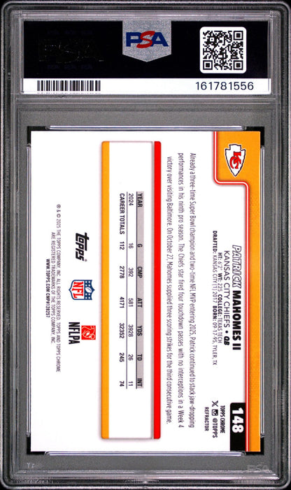 2025 TOPPS CHROME 148 PATRICK MAHOMES II REFRACTOR PSA 10