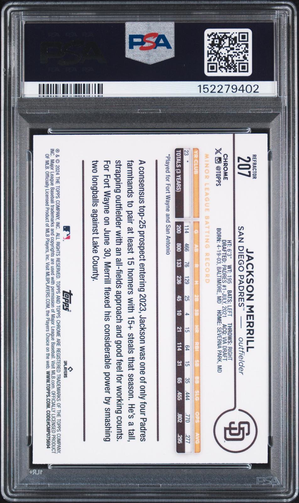 2024 Topps Chrome #207 Jackson Merrill Refractor PSA Authentic
