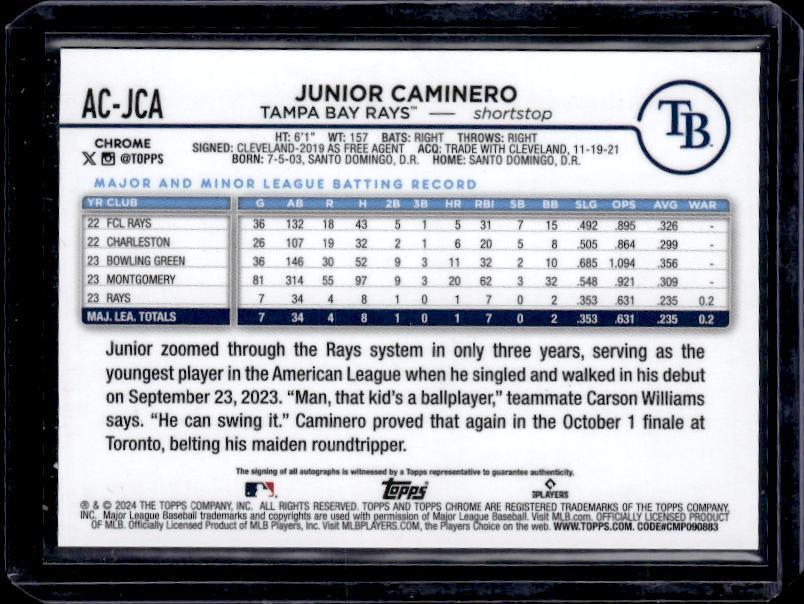 2024 Topps Chrome Update #AC-JCA Junior Caminero Autographs Purple Refractors #/250