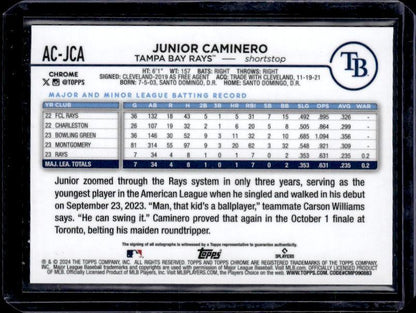 2024 Topps Chrome Update #AC-JCA Junior Caminero Autographs Purple Refractors #/250