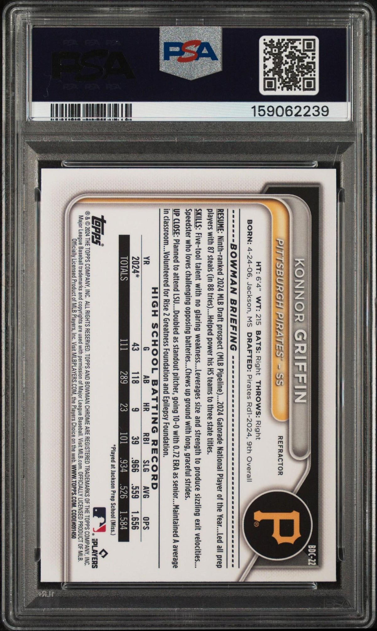 2024 BOWMAN DRAFT BDC22 KONNOR GRIFFIN CHROME-REFRACTOR PSA 10