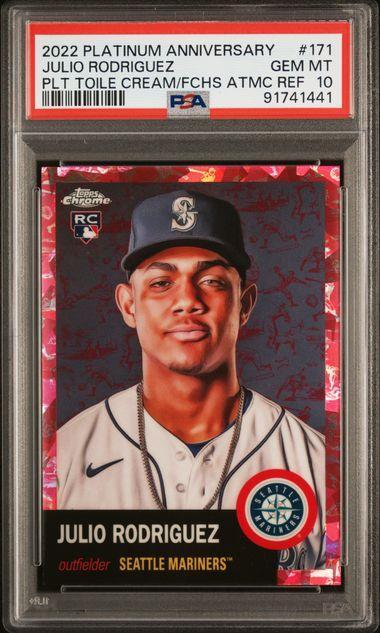 2022 TOPPS CHROME PLATINUM ANNIVERSARY 171 JULIO RODRIGUEZ PLATINUM TOILE CREAM/FUCHSIA ATOMIC REFRACTOR PSA 10