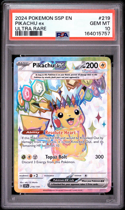 2024 POKEMON SSP EN-SURGING SPARKS 219 PIKACHU EX ULTRA RARE PSA 10
