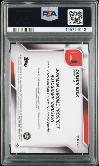 2025 BOWMAN UNIVERSITY CHROME BOWMAN CHROME PROSPECT AUTOGRAPHS CBE CARSON BECK GREEN REFRACTOR PSA 10