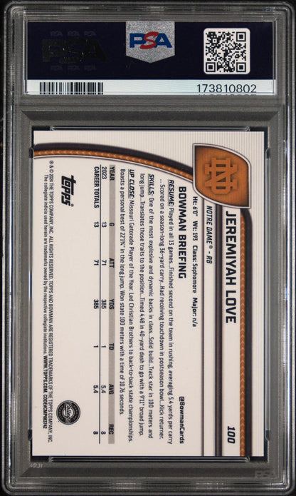 2024 BOWMAN UNIVERSITY CHROME 100 JEREMIYAH LOVE PURPLE MINI DIAMOND PSA 10