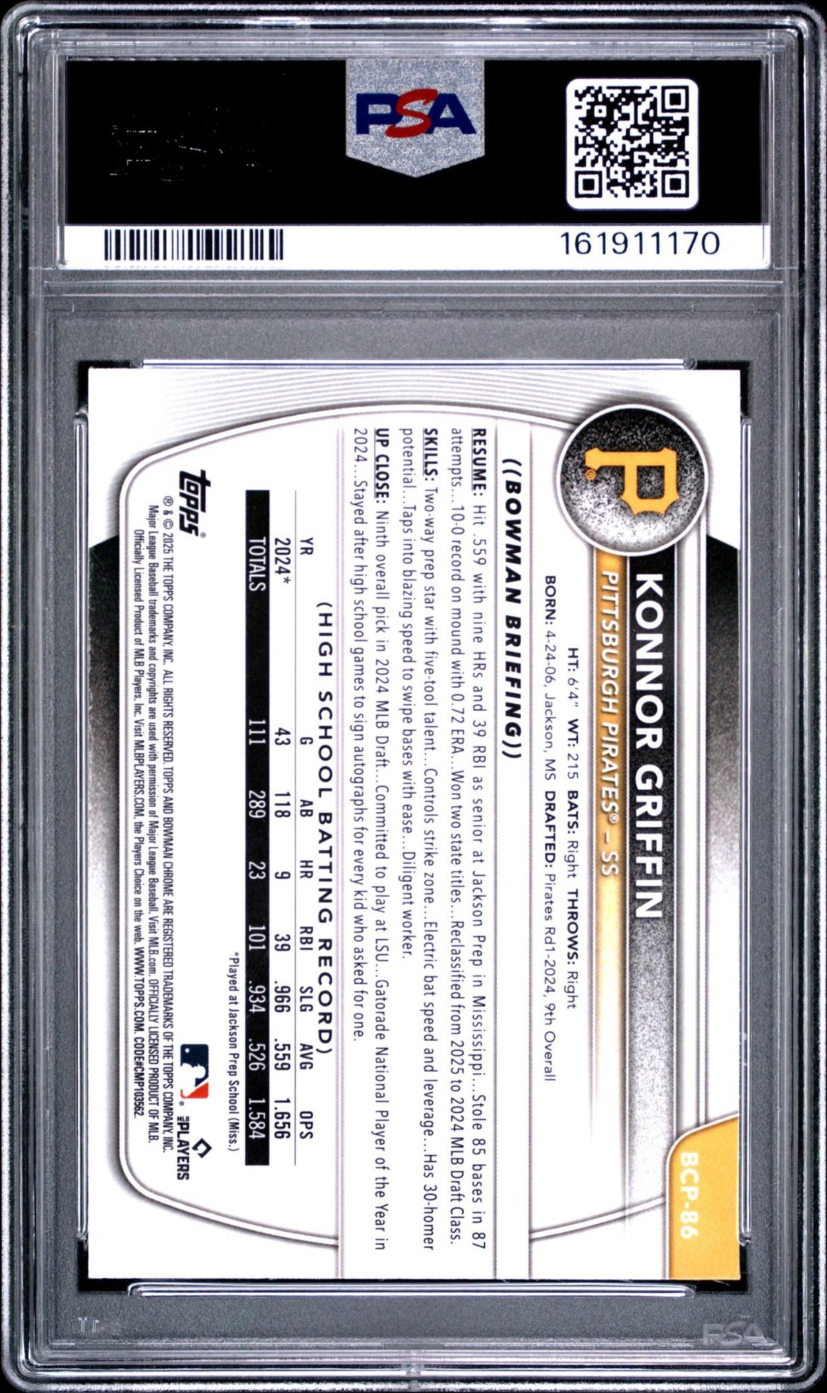 2025 BOWMAN MEGA BOX CHROME PROSPECTS 86 KONNOR GRIFFIN BURGUNDY REFRACTOR PSA 10