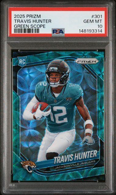2025 PANINI PRIZM #301 TRAVIS HUNTER GREEN SCOPE PSA 10