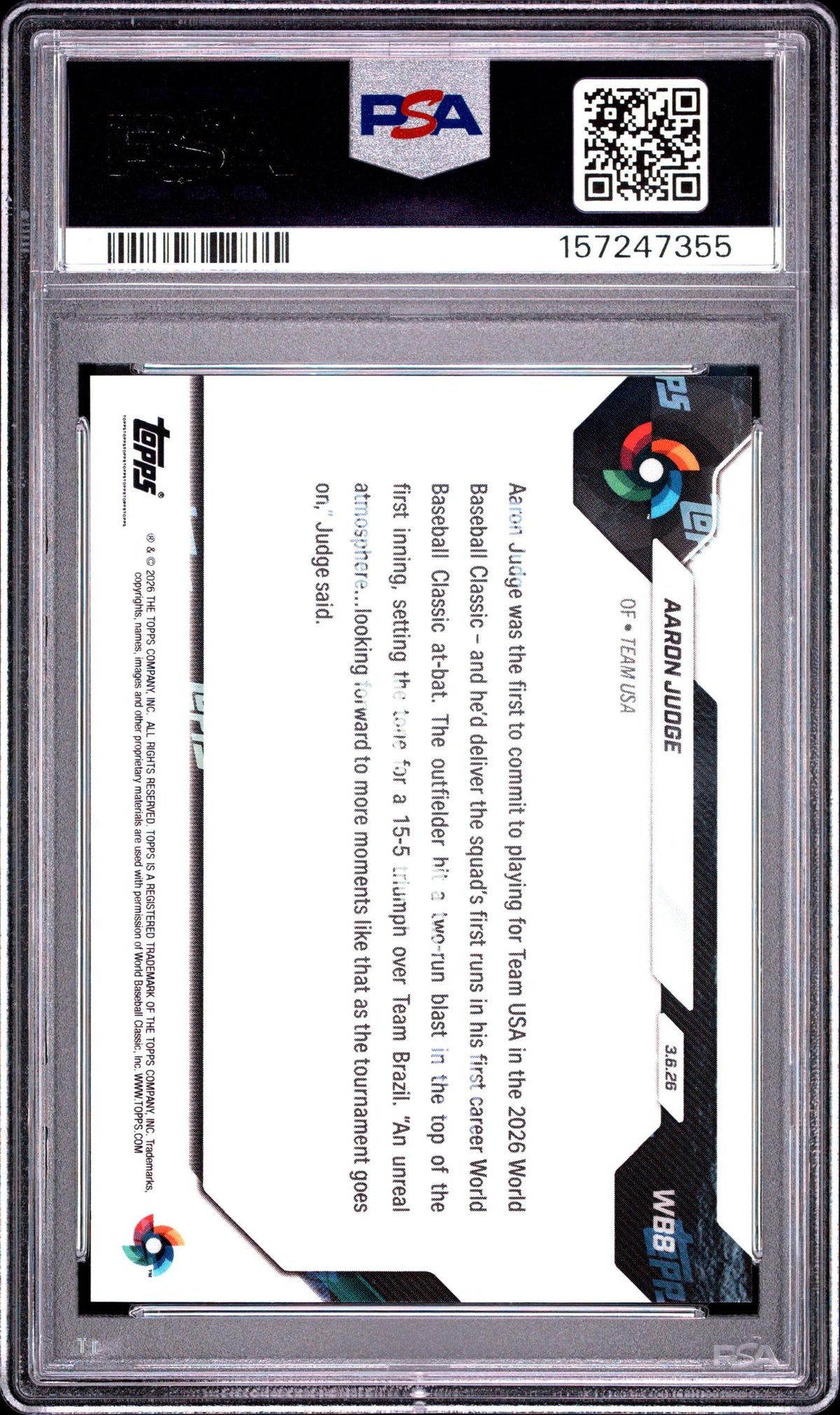 2026 TOPPS NOW WORLD BASEBALL CLASSIC #WB8 AARON JUDGE PSA 10