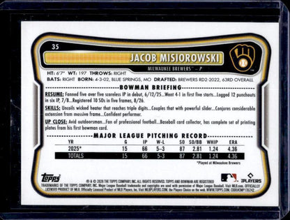 2026 Bowman #35 Jacob Misiorowski Yellow #/75