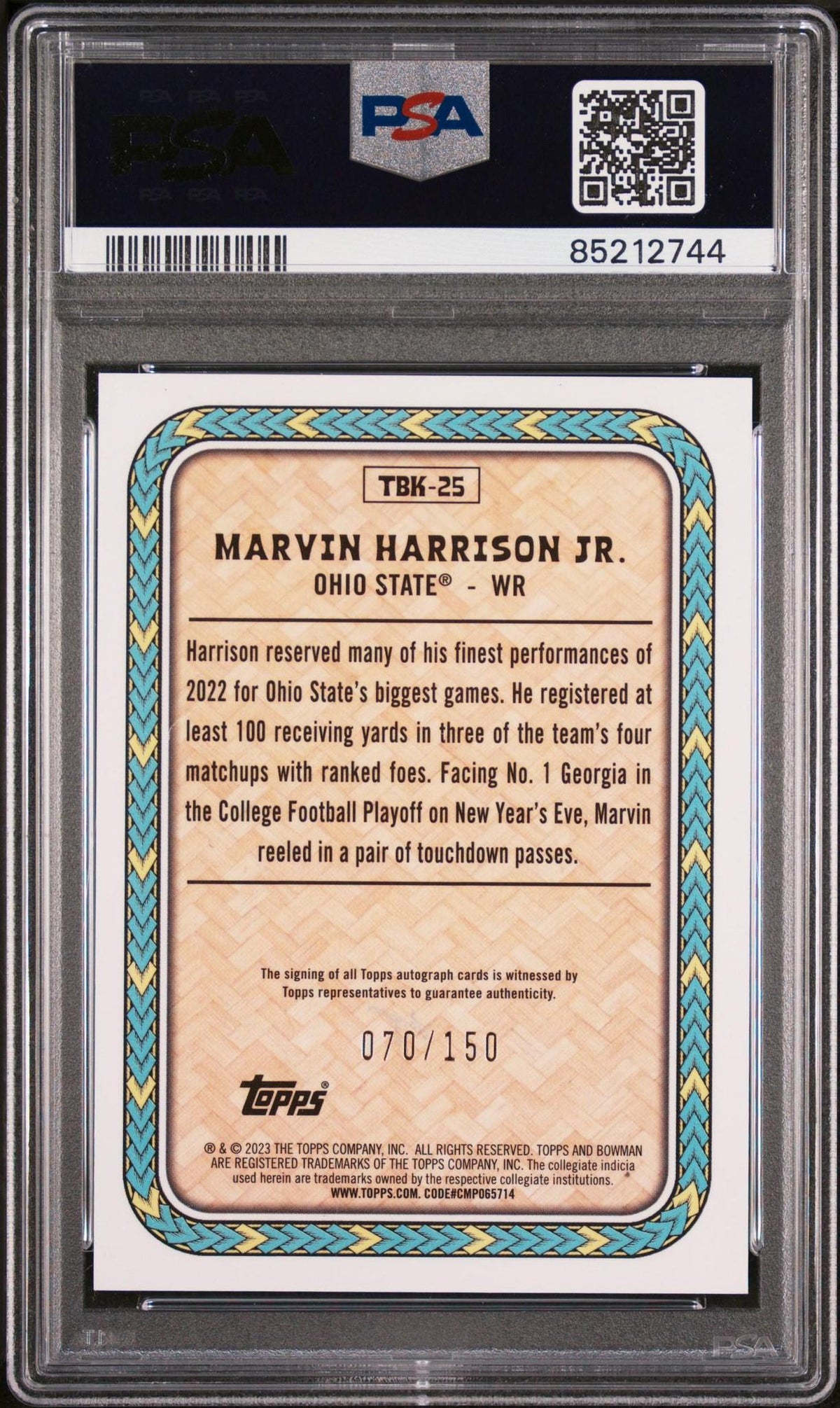 2023 BOWMAN UNIVERSITY CHROME THE BIG KAHUNA TBK25 MARVIN HARRISON JR. AUTOGRAPH PSA 10