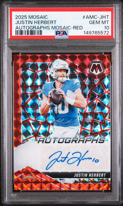 2025 PANINI MOSAIC AUTOGRAPHS MOSAIC AMC-JHT JUSTIN HERBERT RED PSA 10