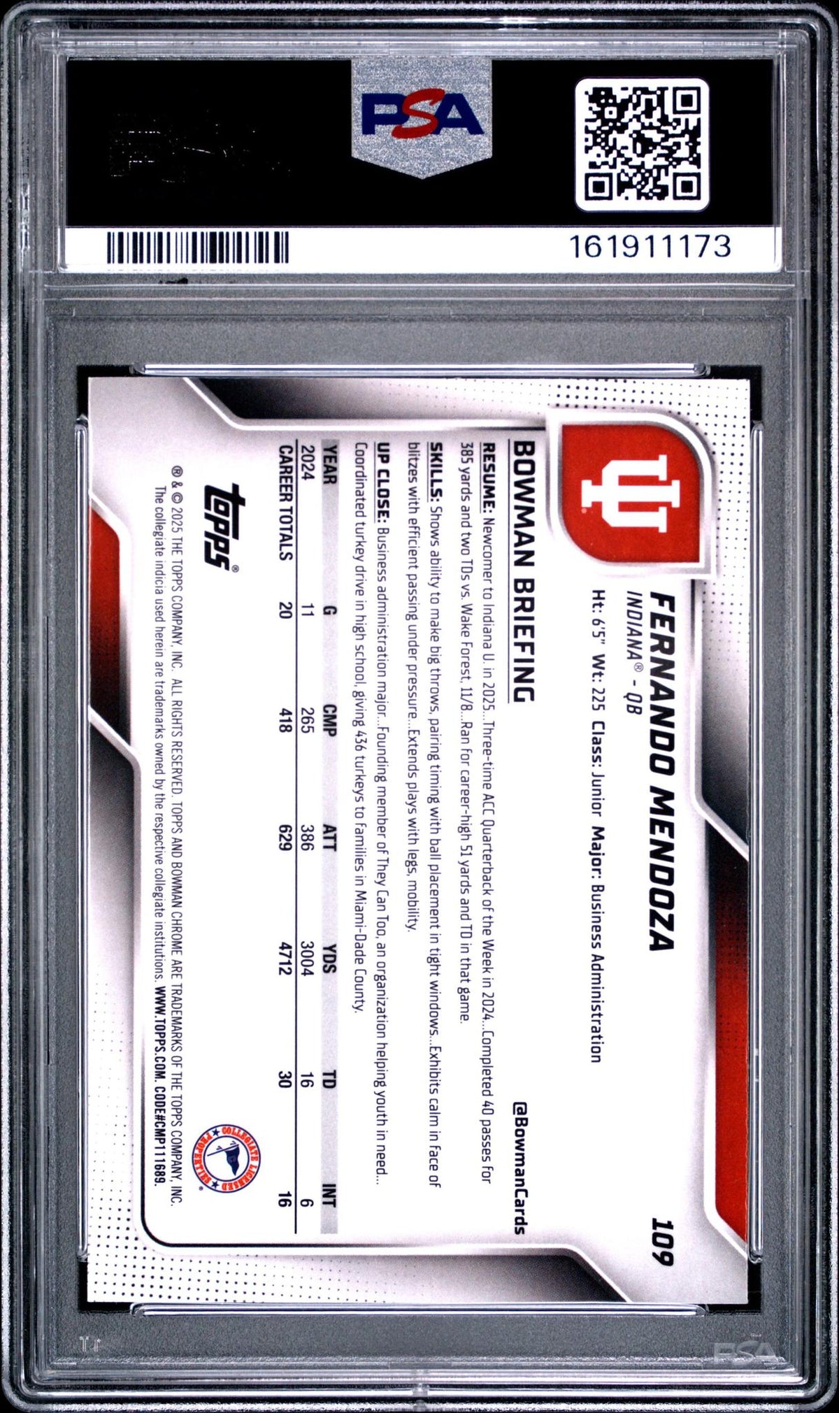 2025 BOWMAN UNIVERSITY CHROME 109 FERNANDO MENDOZA AQUA REFRACTOR PSA 10