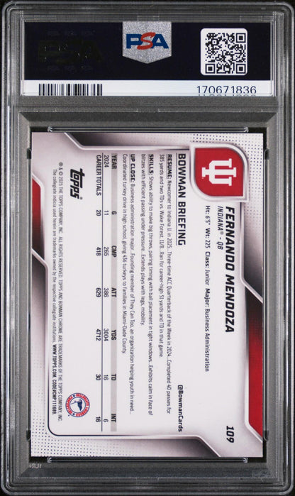 2025 BOWMAN UNIVERSITY CHROME #109 FERNANDO MENDOZA PINK LAVA PSA 10