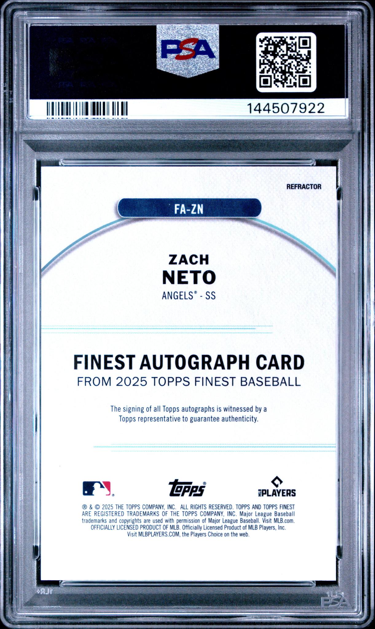 2025 Finest Zach Neto #ZN Autograph PSA 10