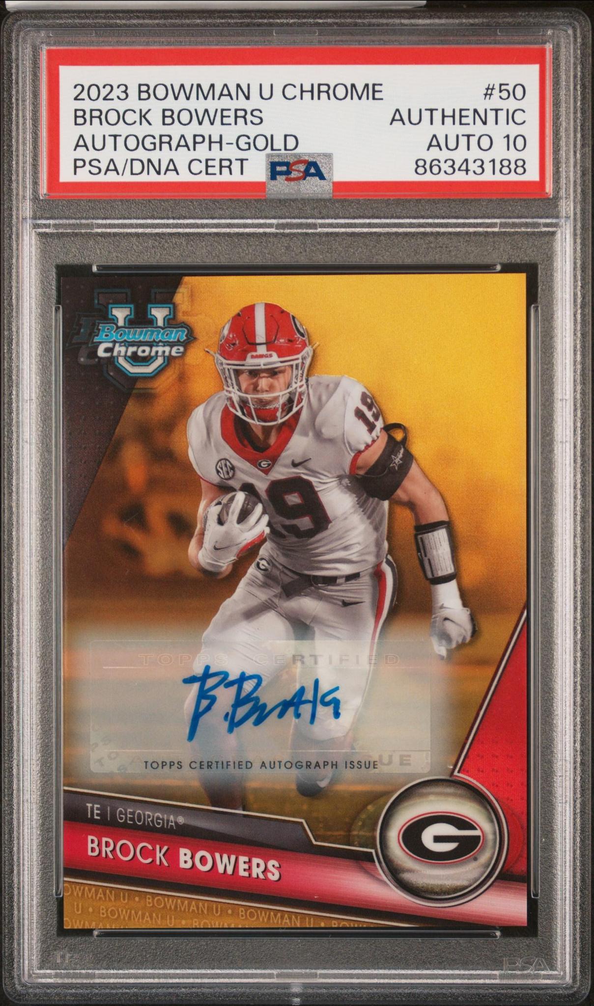 2023 Bowman University Chrome #50 Brock Bowers Autograph-Gold Refractor PSA 10
