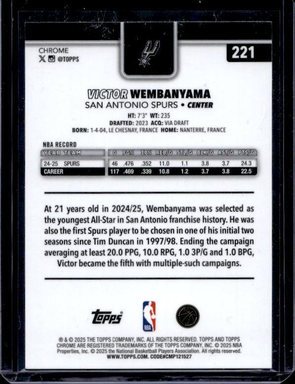 2025-26 Topps Chrome #221 Victor Wembanyama Aqua Refractor #/199